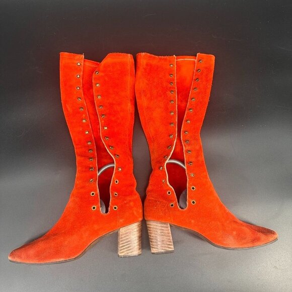 Vintage 60s Go Go Orange Side Lace Up Boots 7 - 7.5 Women's Suede - Picture 9 of 16